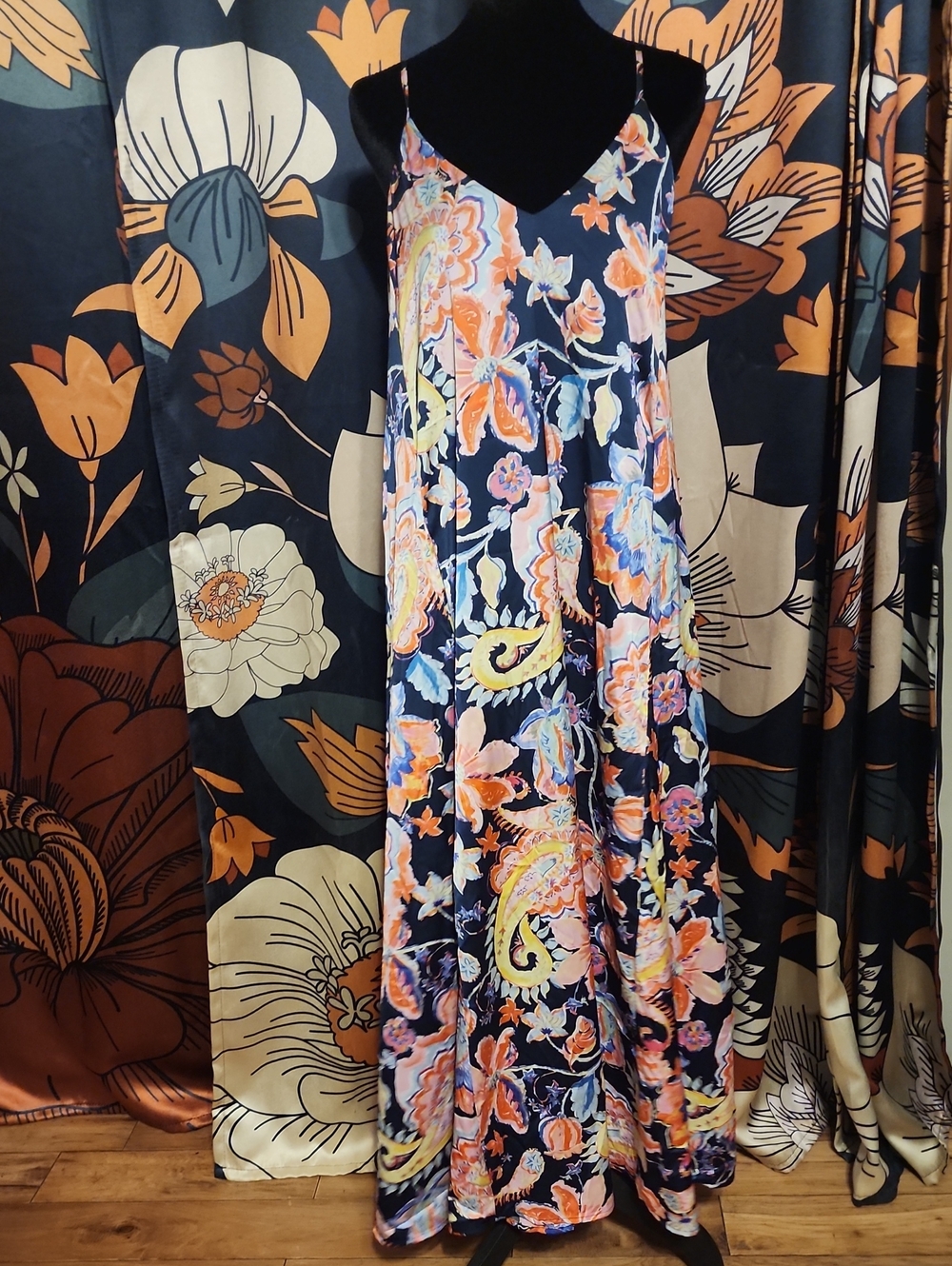 Nicole Miller Navy Maxi Dress with Peach and Yellow Paisley Floral